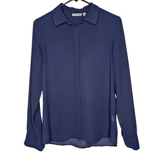 Halogen Sheer Navy Blue Collared Long Sleeve Button Down Shirt Size Small